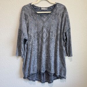Jess & Jane Gray Mineral Wash Geometric Pleated Back Tunic Artsy L Lagenlook
